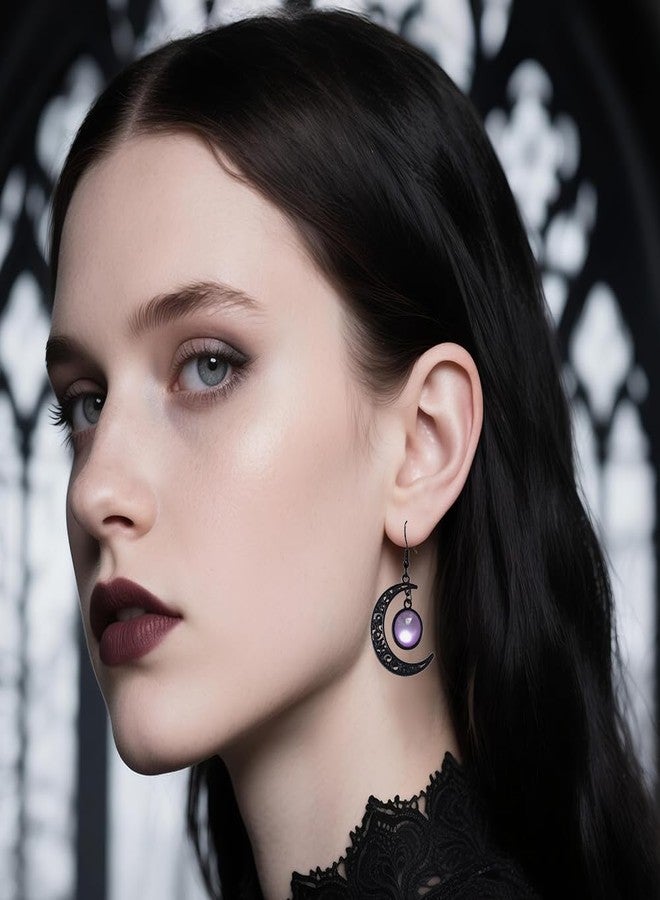 Asiamist Gothic Moon Necklace Earrings Set for Women Black Velvet Choker Necklace Punk Moon Dangle Earring Vintage Crystal Crescent Cameo Pendant Necklaces Goth Jewelry Halloween Costume Accessories (Purple) - Image 5